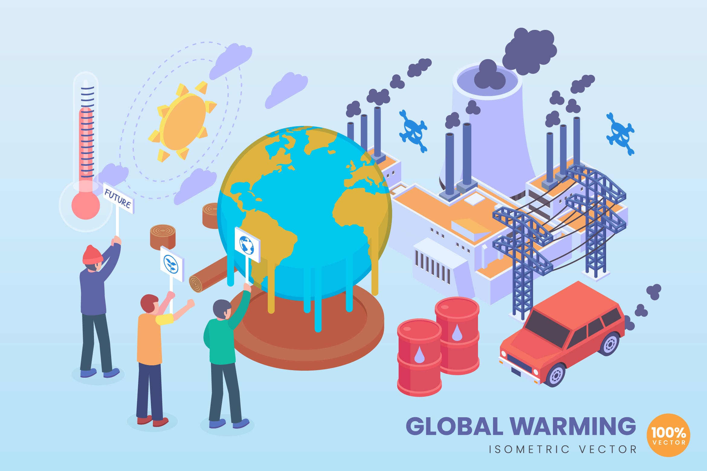 全球气温变暖主题等距矢量蚂蚁素材精选概念插画 Isometric Global Warming Vector Concept插图