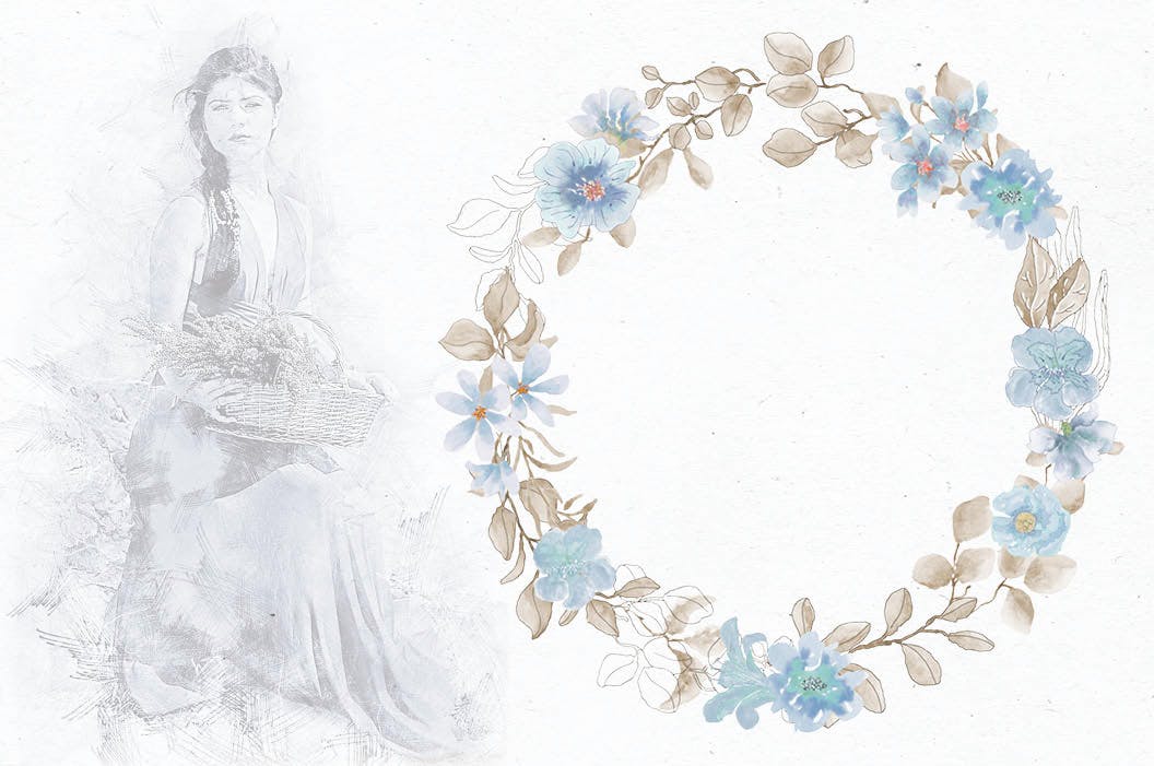 粉蓝色水彩花环剪贴画第一素材精选PNG素材 Powder Blue Watercolor Wreaths插图(1)