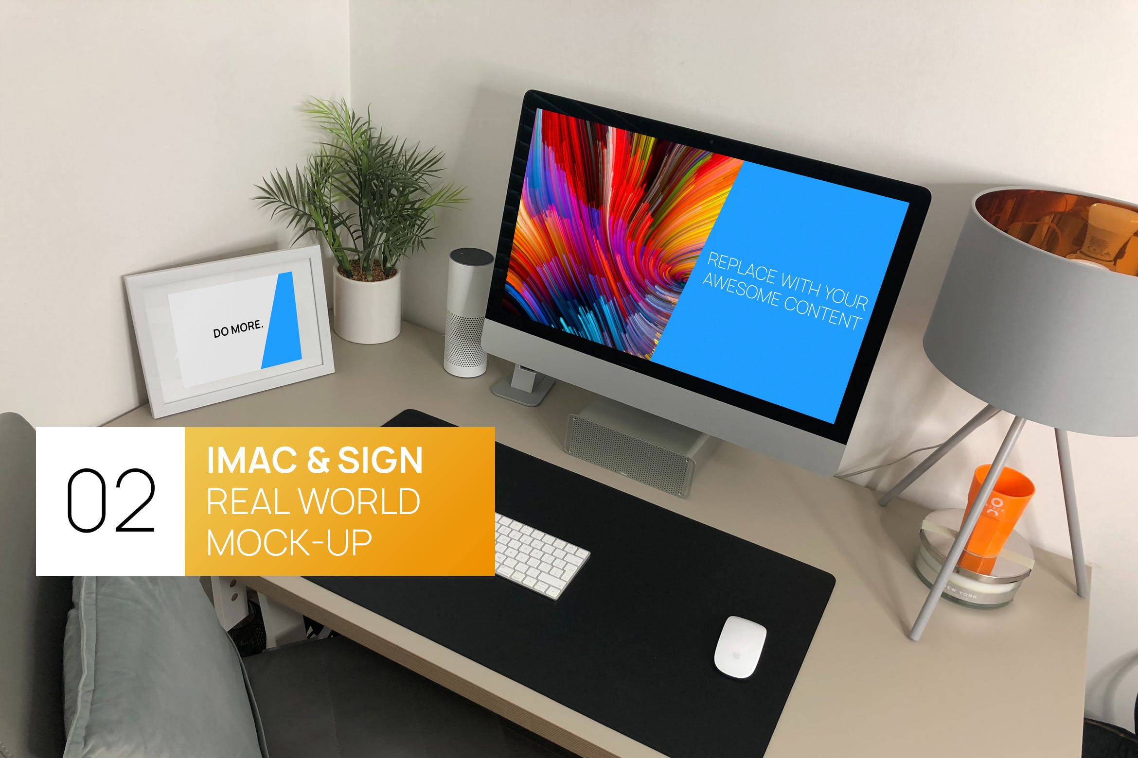 宜家家居风格办公桌场景27寸iMac电脑蚂蚁素材精选样机 iMac 27 with Sign Real World Photo Mock-up插图