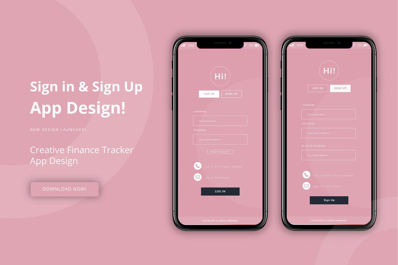 粉色APP应用注册登录界面设计第一素材精选模板 Pink Login＆Sign Up插图