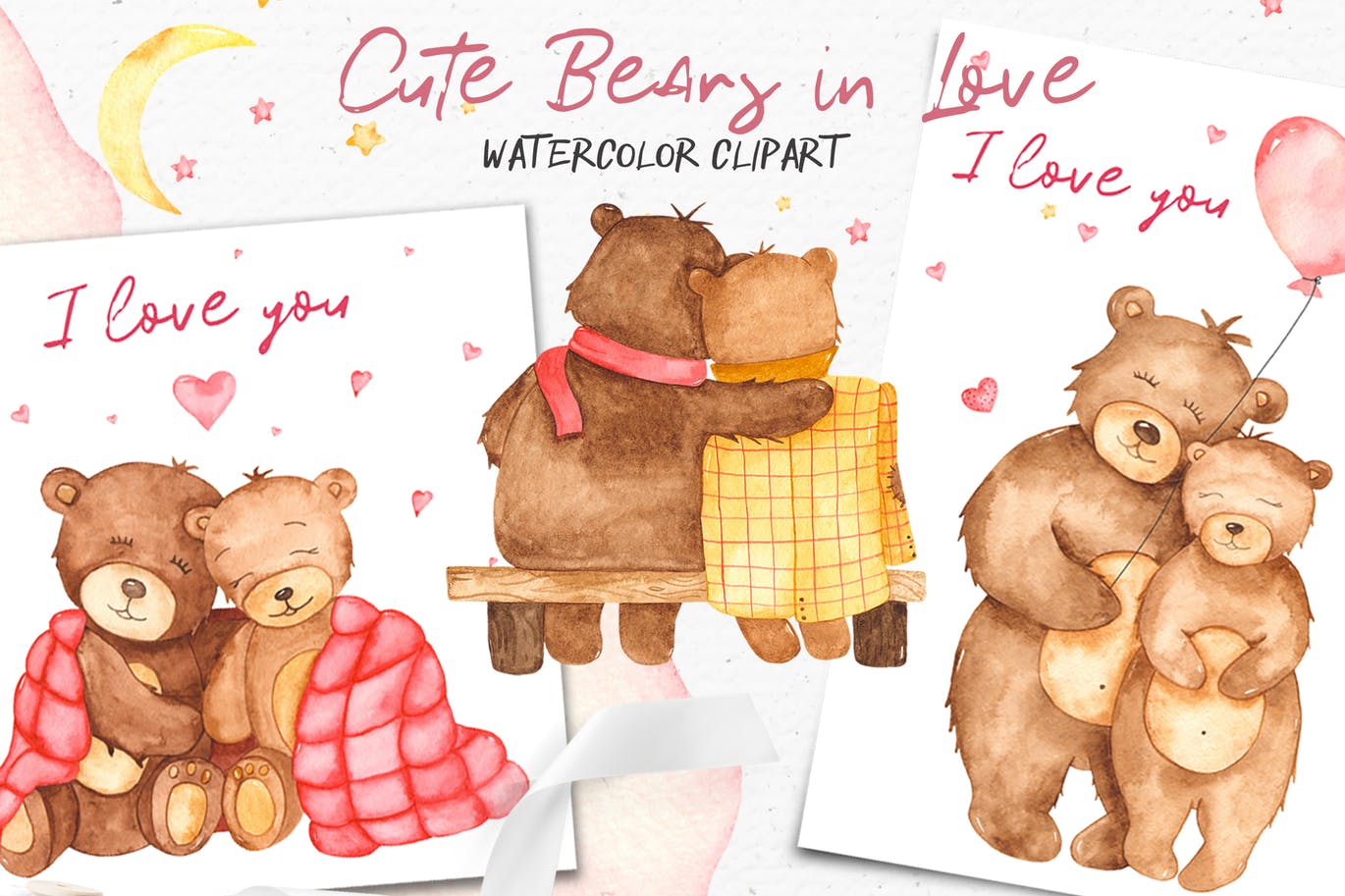水彩可爱熊手绘图案剪贴画＆卡片素材 Watercolor cute bears in love. Clipart and cards插图