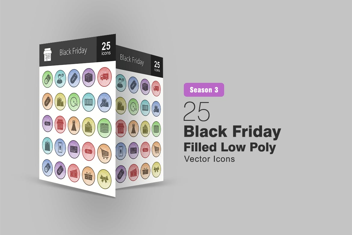 25枚黑色星期五主题多边形填充色矢量第一素材精选图标 25 Black Friday Filled Low Poly Icons插图