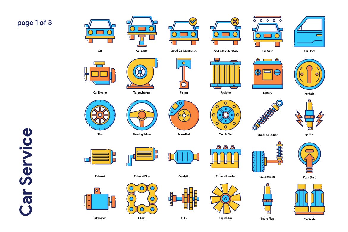 70枚汽车服务主题填色线性第一素材精选图标 Car Service Icon Set插图(1)
