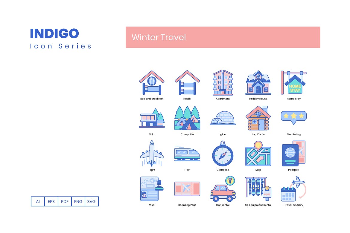 95枚靛蓝配色冬季旅行主题矢量第一素材精选图标合集 95 Winter Travel Icons | Indigo Series插图(3)