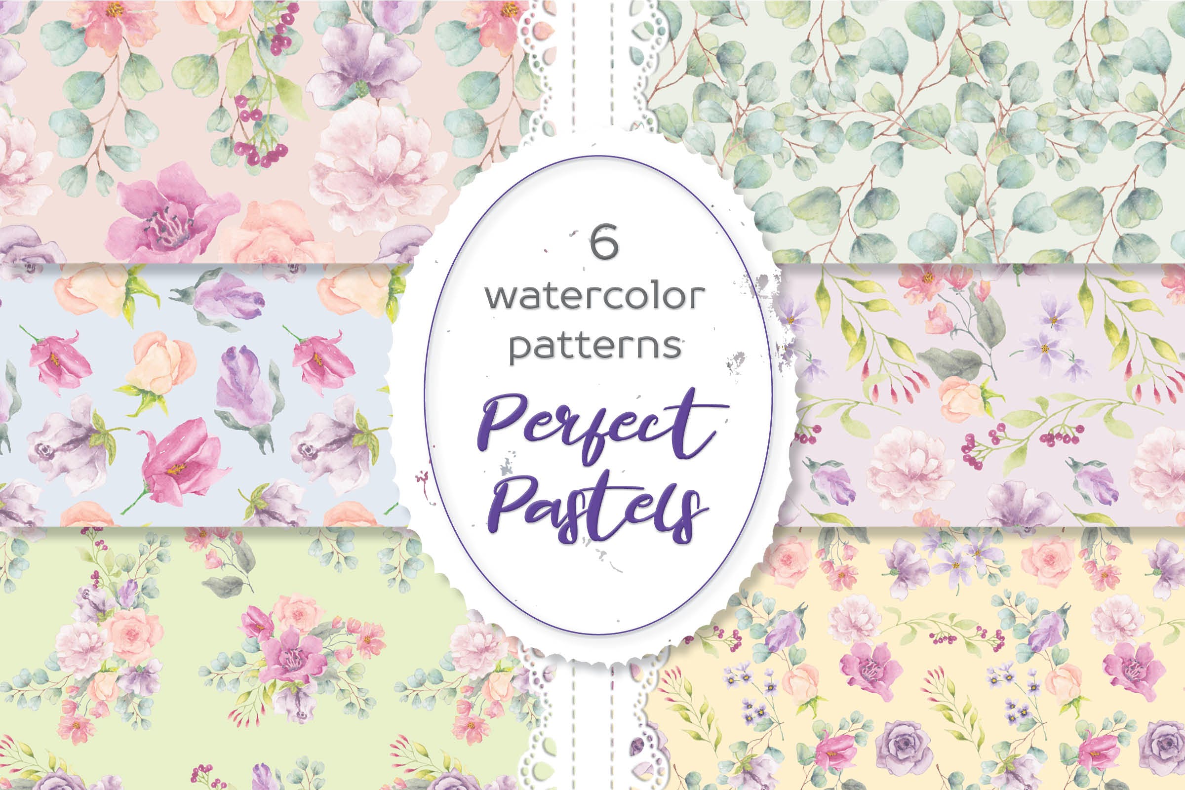 6款水彩花卉图案背景图素材 Perfect Pastels Watercolor Floral Patterns插图