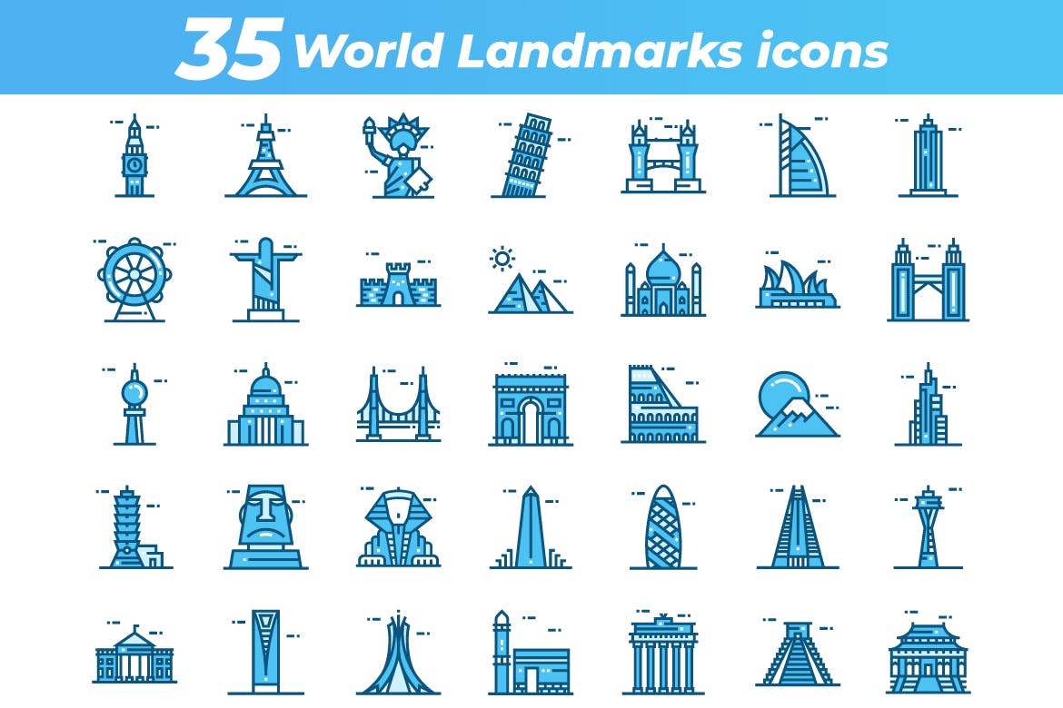 35枚世界地标主题矢量蚂蚁素材精选图标 35 World Landmarks Icons插图(1)