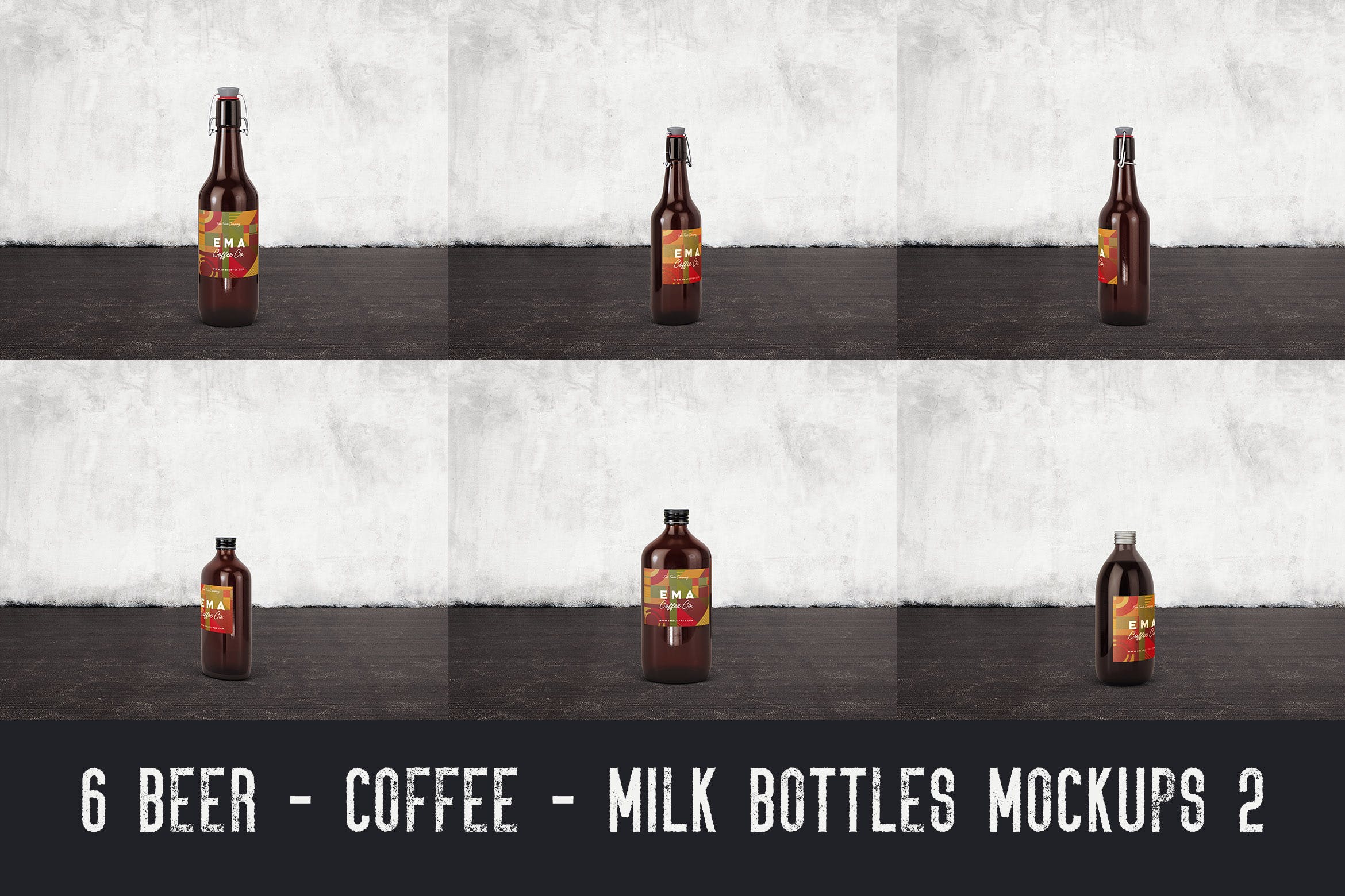 6个啤酒/咖啡/牛奶瓶外观设计第一素材精选v2 6 Beer Coffee Milk Bottles Mockups 2插图