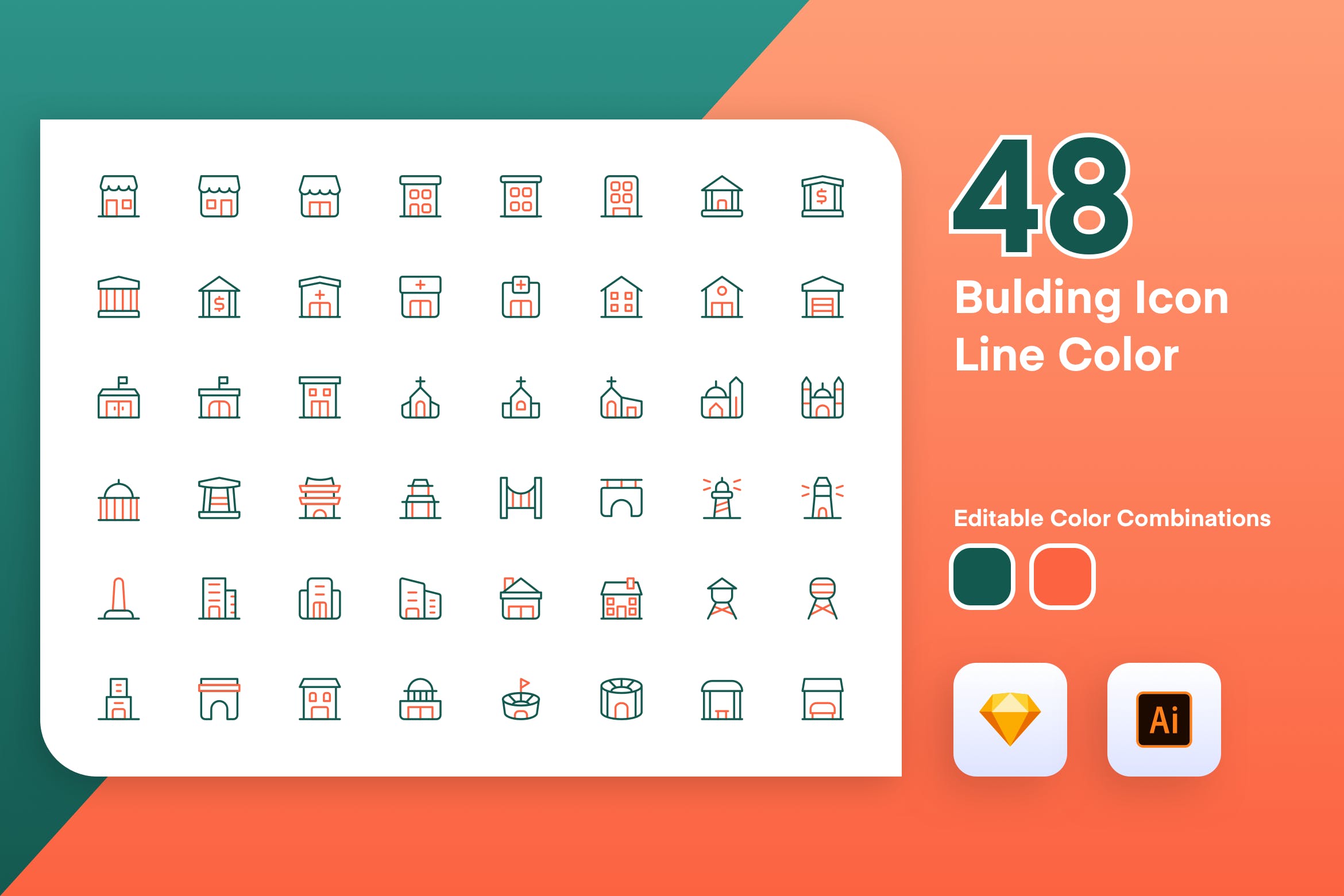 48枚建筑主题彩色矢量线性第一素材精选图标素材 Building Icon Line Color插图