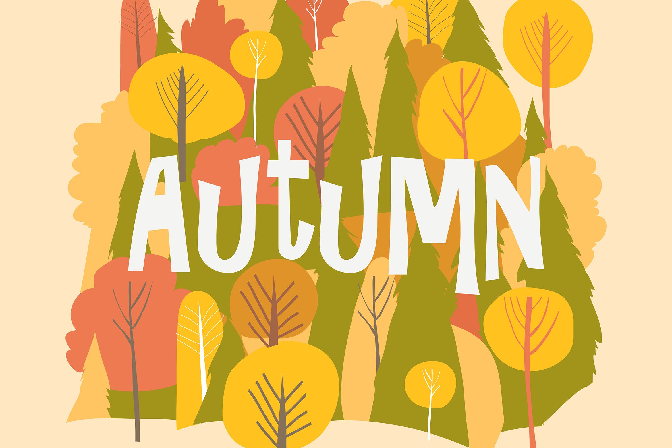 秋天森林背景矢量手绘图案素材 Vector autumn forest. Fall background. Hello autum插图