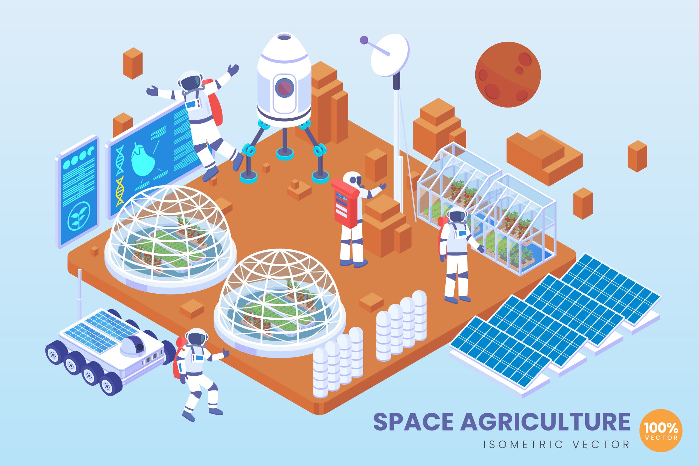 农业技术矢量主题等距概念矢量插画 Isometric Space Agriculture Technology Vector插图