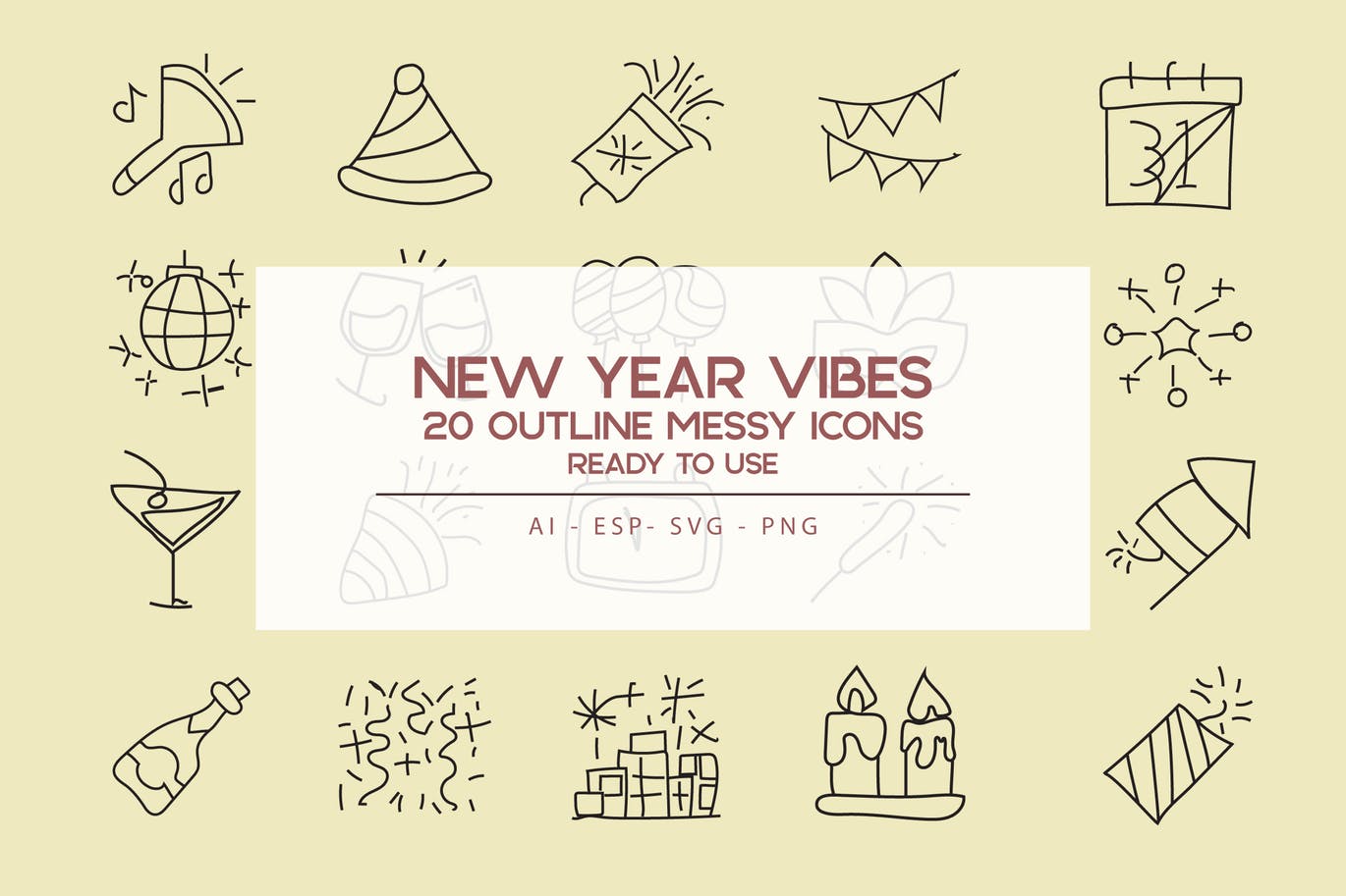 新年主题氛围实物轮廓第一素材精选图标素材 New Year Vibe Outline Icon Set插图