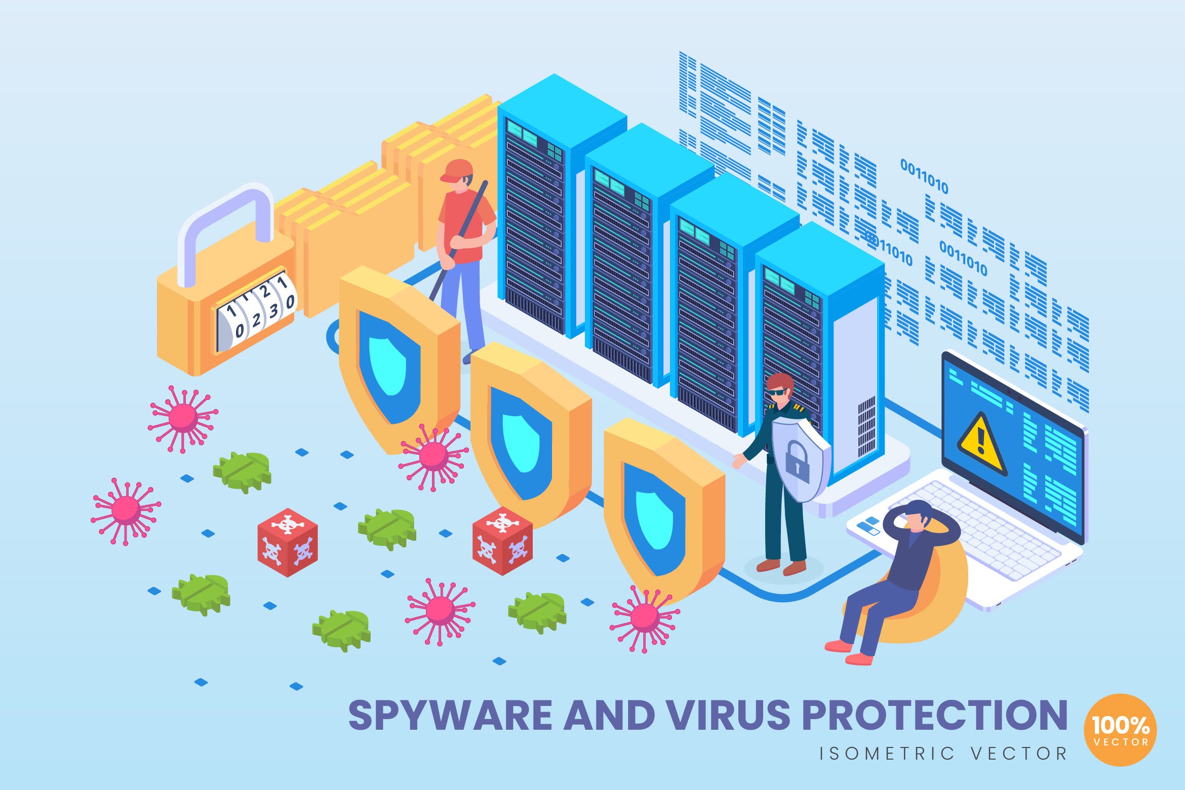 间谍软件与病毒保护主题等距矢量科技蚂蚁素材精选概念插画v1 Isometric Spyware And Virus Protection Vector插图