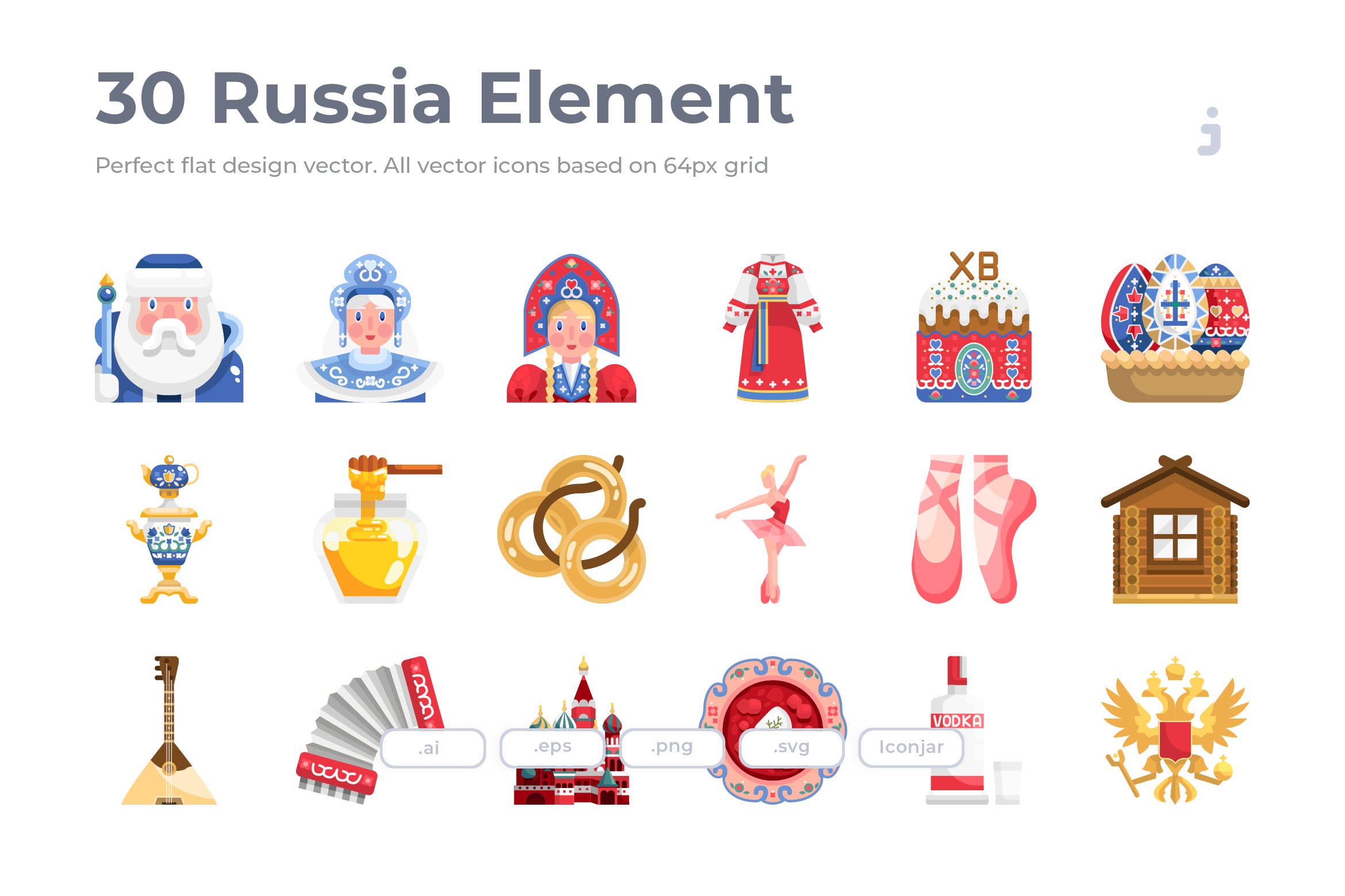 30枚扁平设计风格俄罗斯民族元素矢量蚂蚁素材精选图标 30 Russia Element Icons – Flat插图
