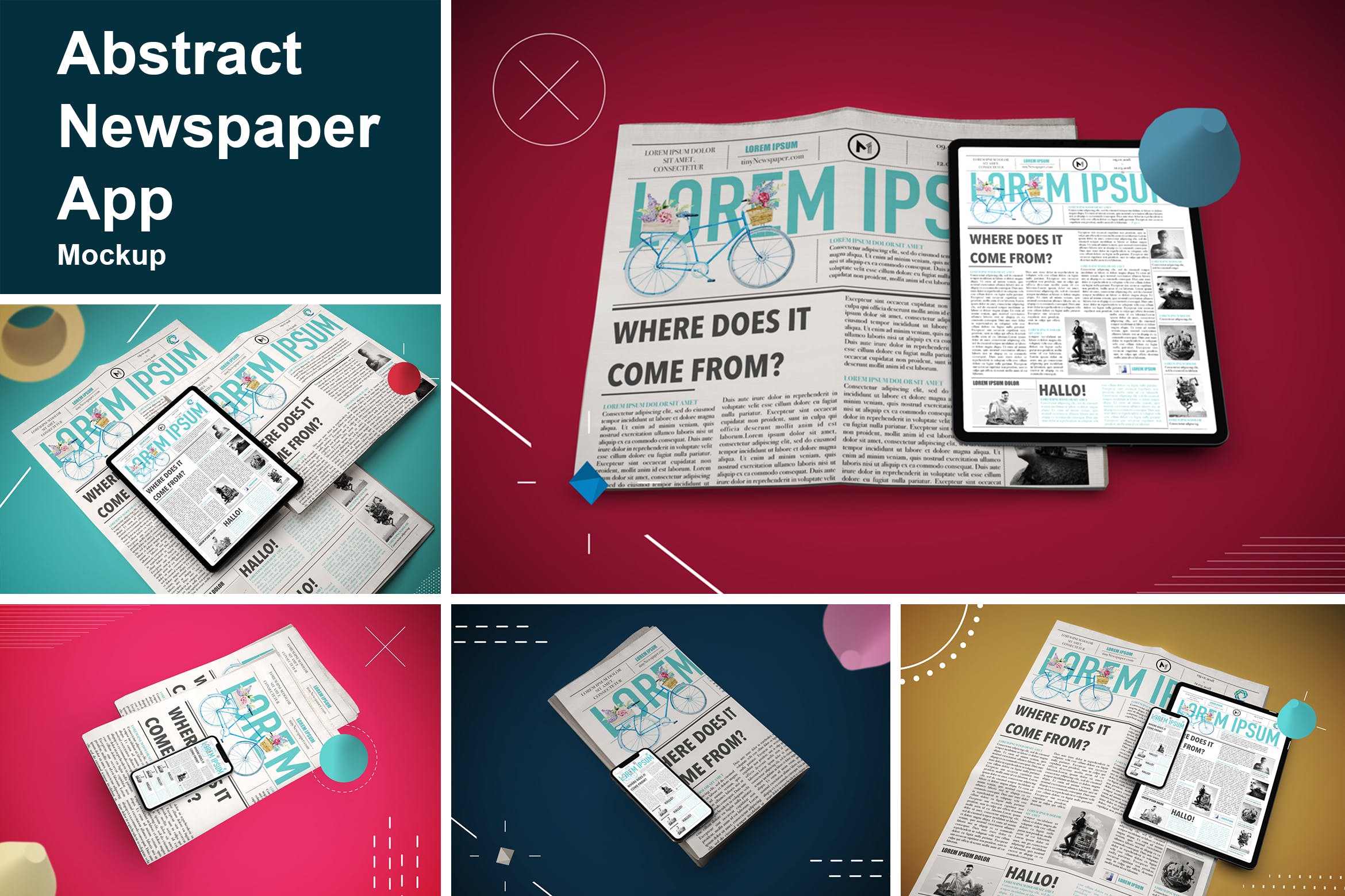 抽象设计风格报纸资讯类APP应用UI设计效果图蚂蚁素材精选样机 Abstract Newspaper App MockUp插图