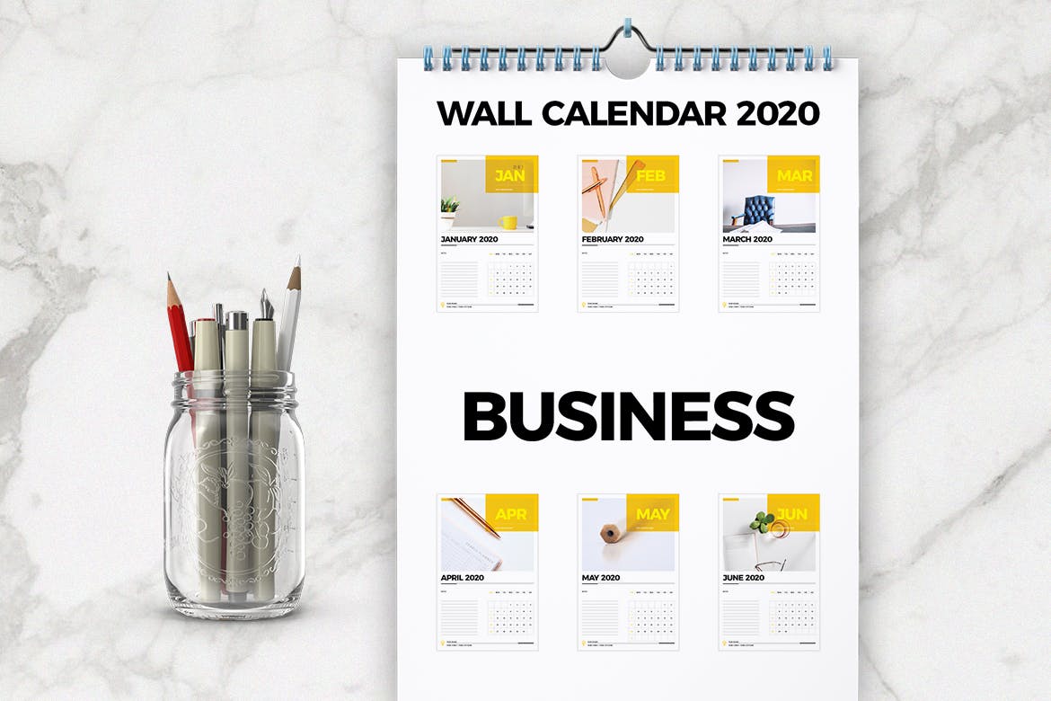 2020年挂墙活页翻页日历表设计模板 Wall Calendar 2020 Layout插图1