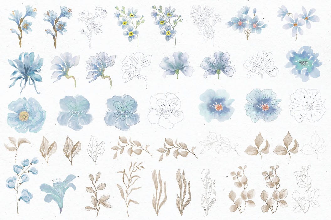 粉蓝色水彩手绘花卉剪贴画PNG第一素材精选设计素材 Powder Blue Watercolor Design Collection插图(6)