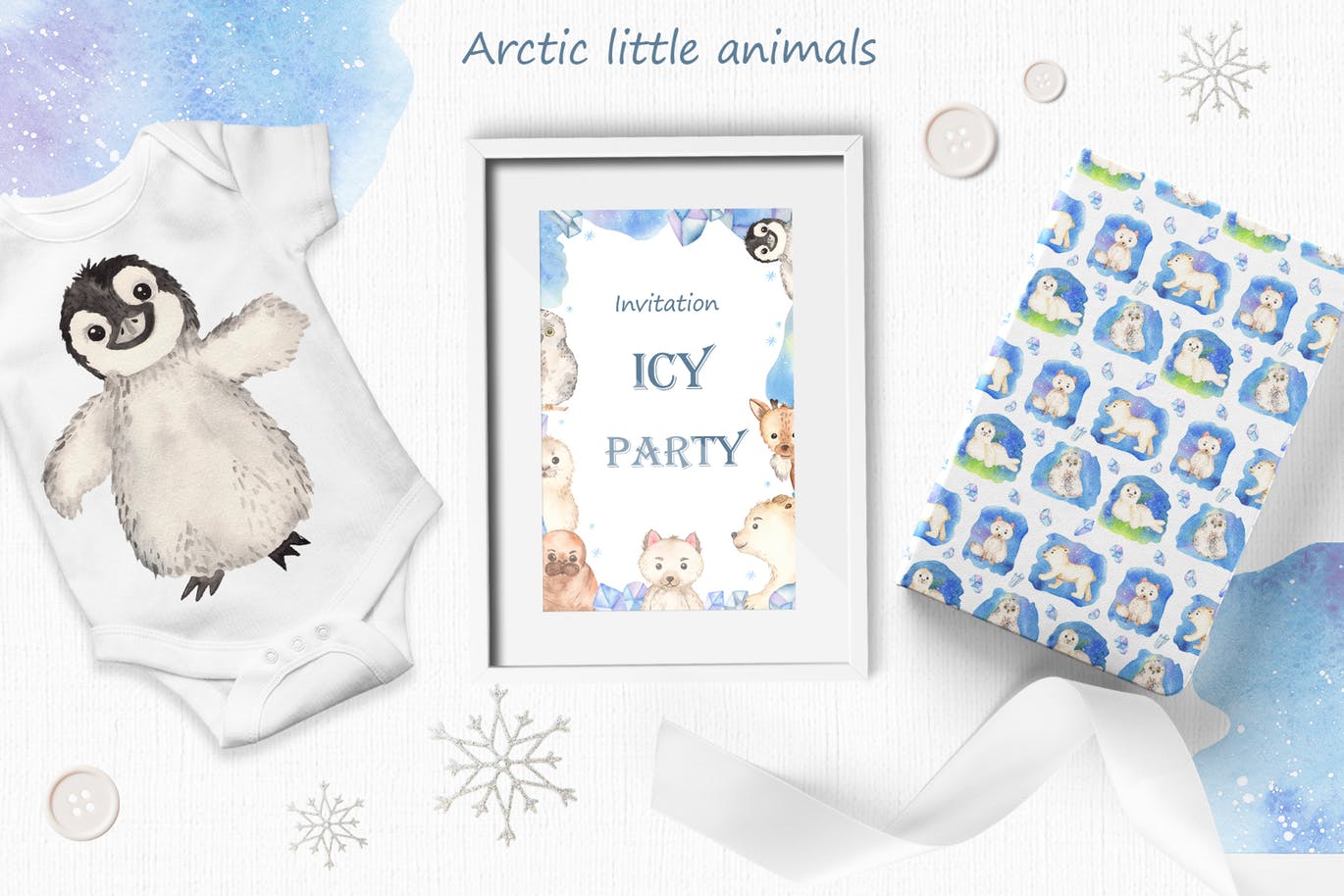 北极小动物水彩手绘剪贴画＆卡片素材 Watercolor Arctic little animals Clipart cards插图8