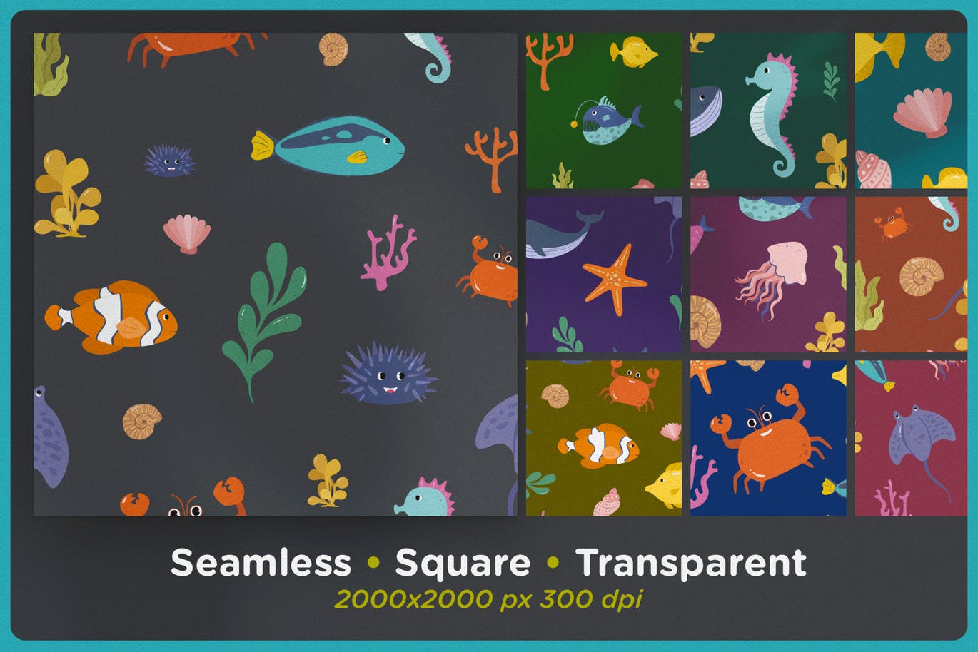 海底世界海底动物主题手绘图案无缝背景素材 Underwater World Seamless Patterns插图1