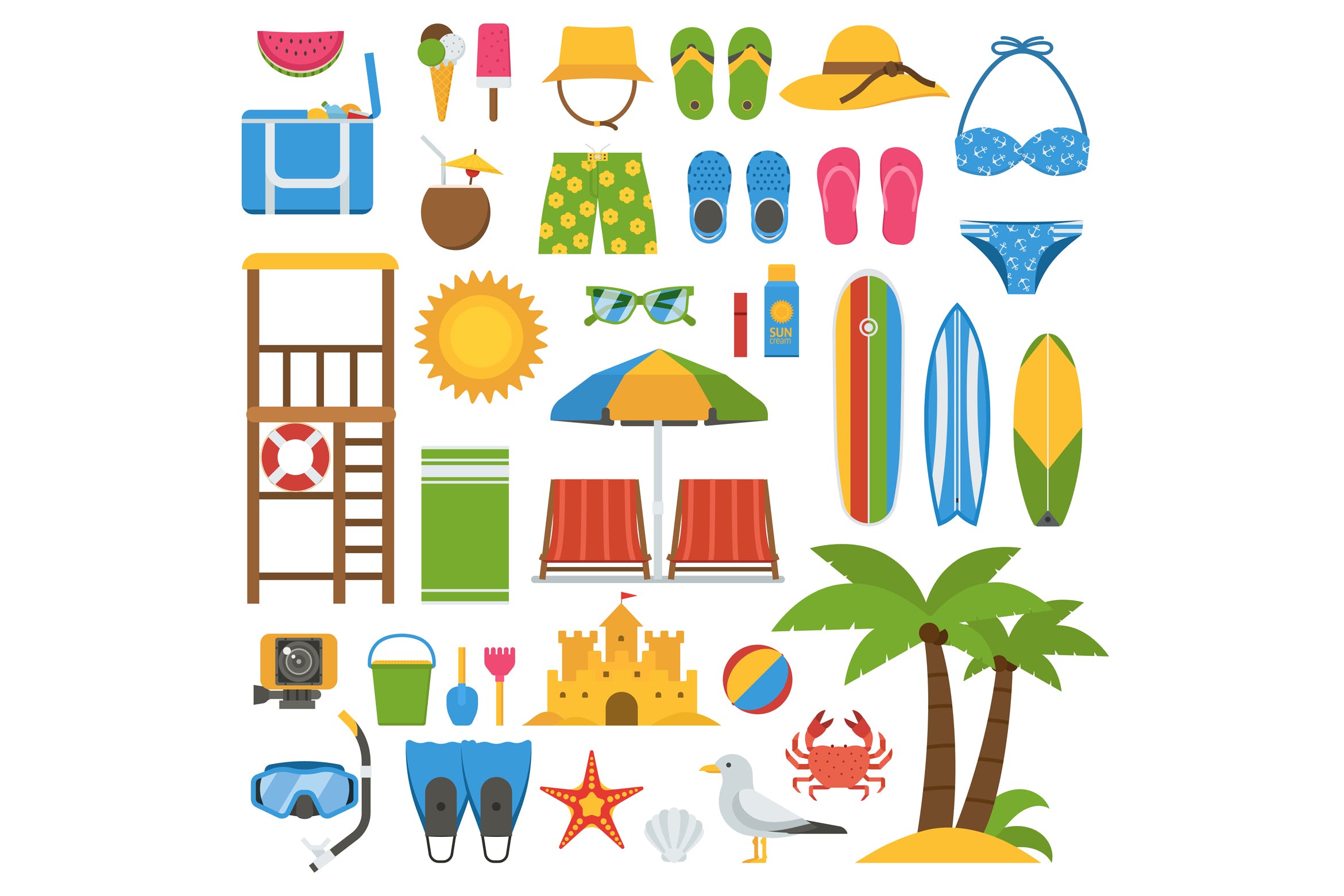 夏日海滩主题第一素材精选图标和元素设计素材集 Summer Beach Icons and Elements Set插图