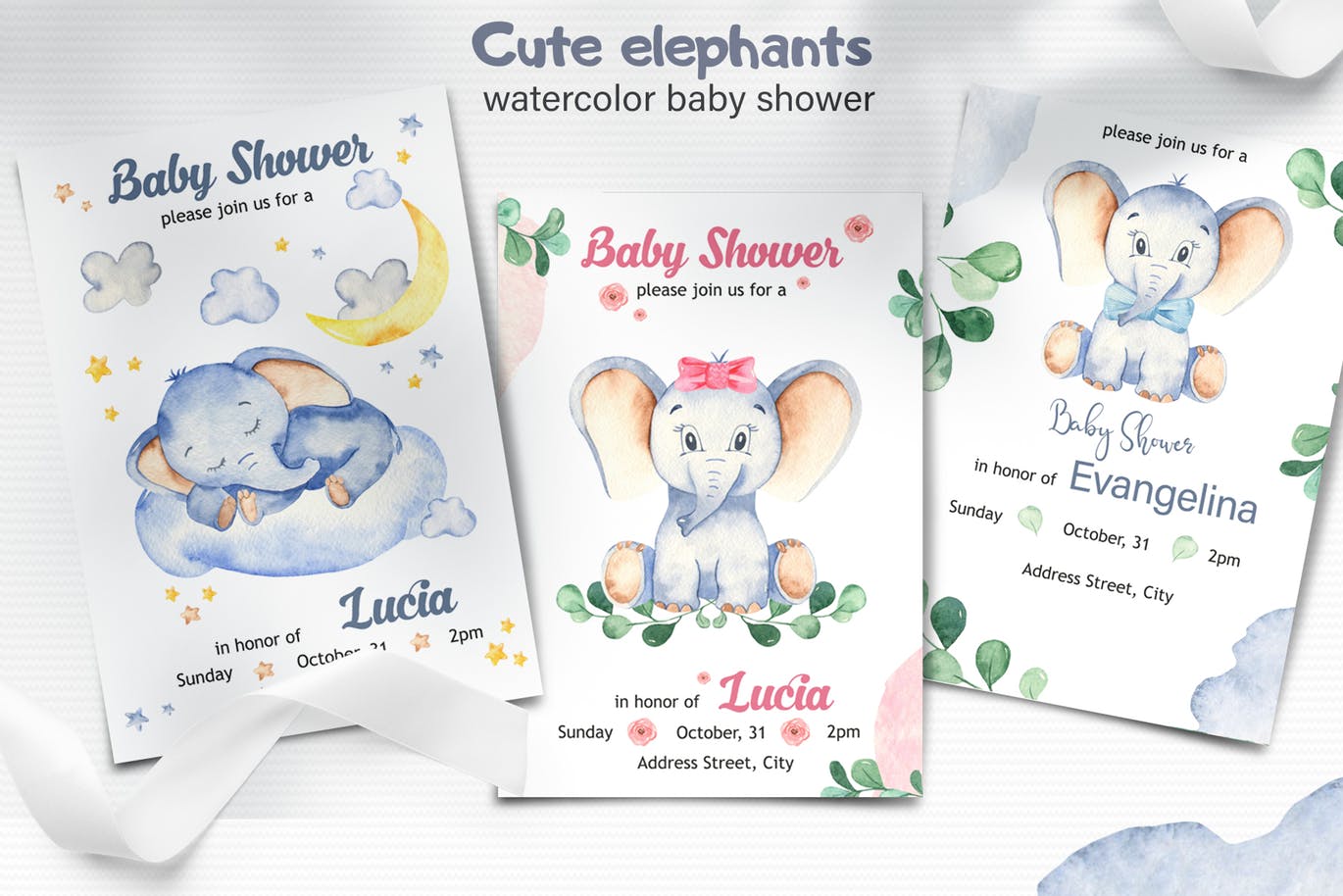 可爱卡通小象水彩手绘剪贴画＆卡片素材 Watercolor cute elephants. Clipart and cards插图(3)
