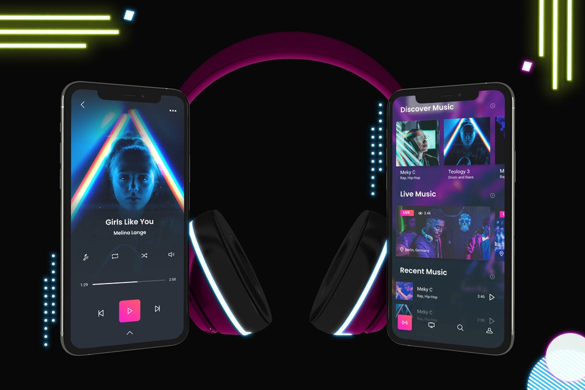 霓虹灯设计风格iPhone手机音乐APP应用UI设计图第一素材精选样机 Neon iPhone Music App Mockup插图(4)