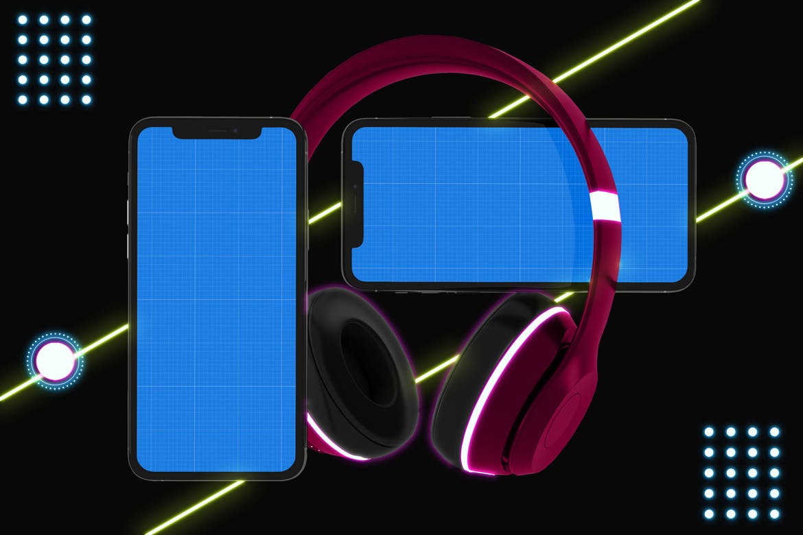 霓虹灯设计风格iPhone手机音乐APP应用UI设计图蚂蚁素材精选样机 Neon iPhone Music App Mockup插图(11)