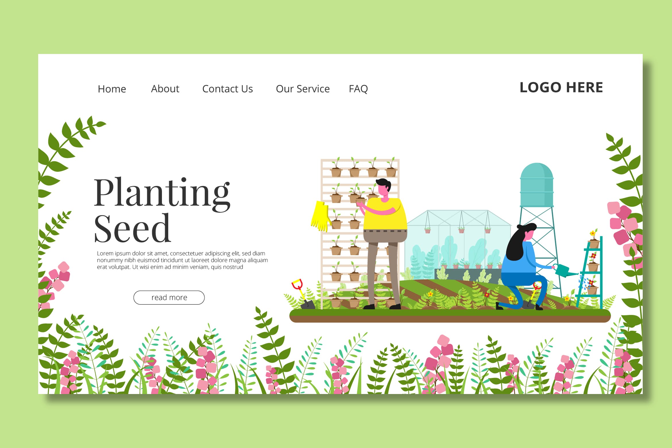 农场耕种主题矢量插画网站着陆页设计第一素材精选模板 Seeding Garden – Landing Page插图