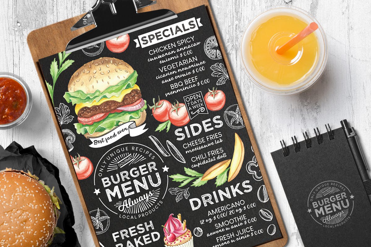 汉堡店黑板画设计风格食品菜单模板 Burger Food Menu插图
