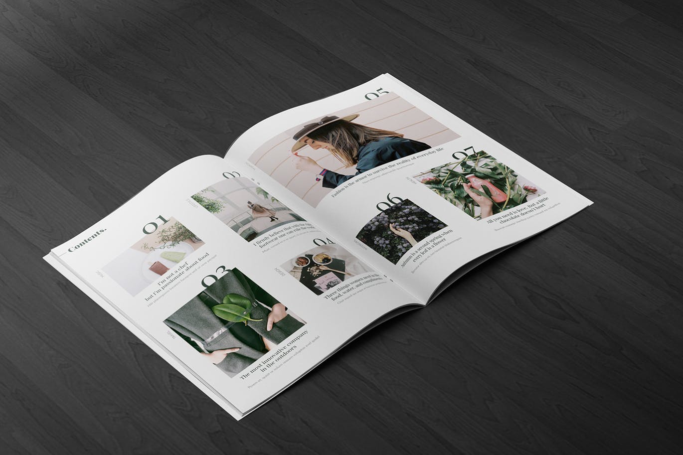 A4宣传小册子/企业画册内页版式设计45度角视图样机大洋岛精选 A4 Brochure Mockup 2 Pages Spread插图2