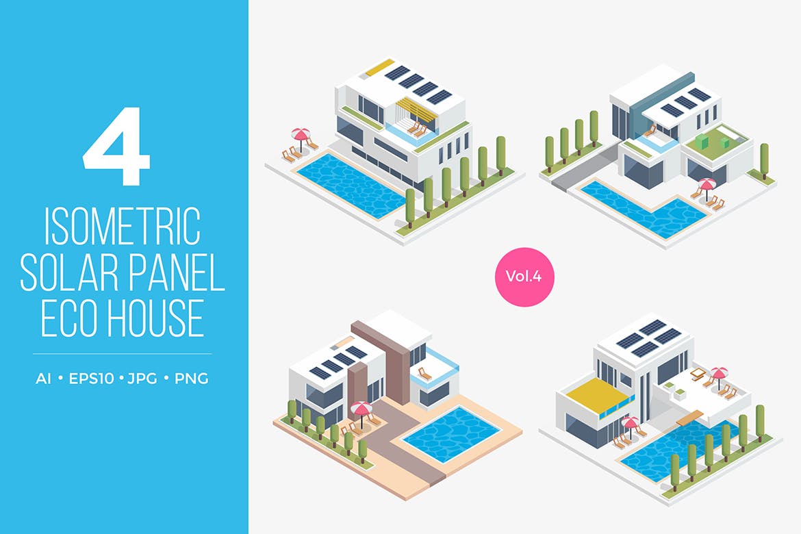 太阳能电池发电房屋等距矢量图形v4 Isometric Solar Panel Eco House Vector Set 4插图1