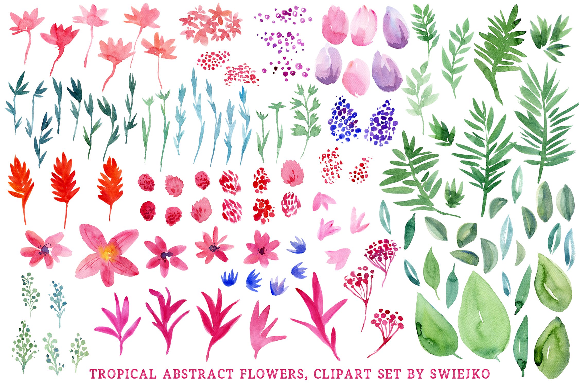 热带水彩花卉手绘剪贴画大洋岛精选PNG素材 Tropical Abstract Flowers插图3