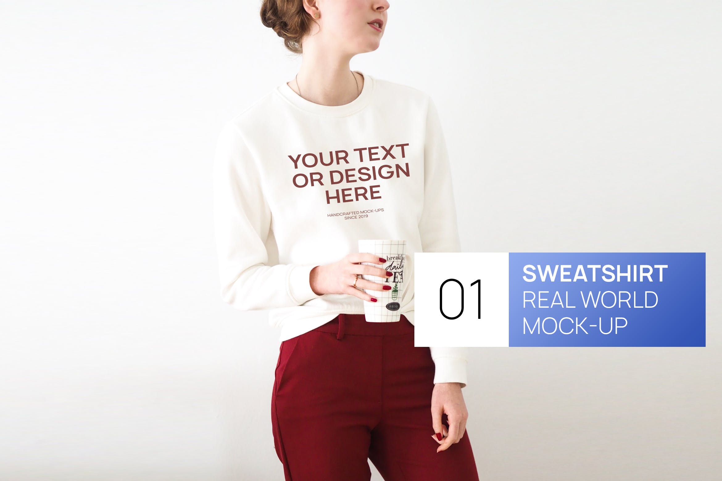 女式白色运动衫印花设计图样机蚂蚁素材精选模板 Woman White Sweatshirt Real World Photo Mock-up插图