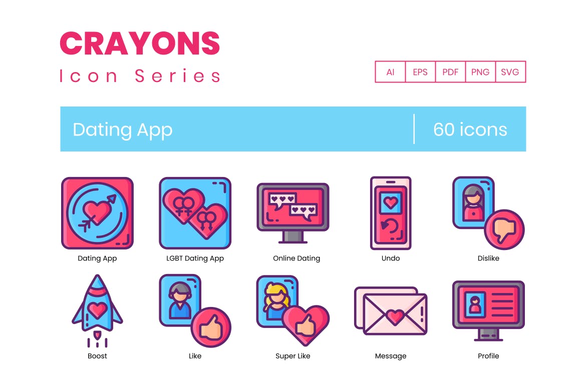 60枚约会主题APP矢量蚂蚁素材精选图标-蜡笔系列 60 Dating App Icons – Crayon Series插图