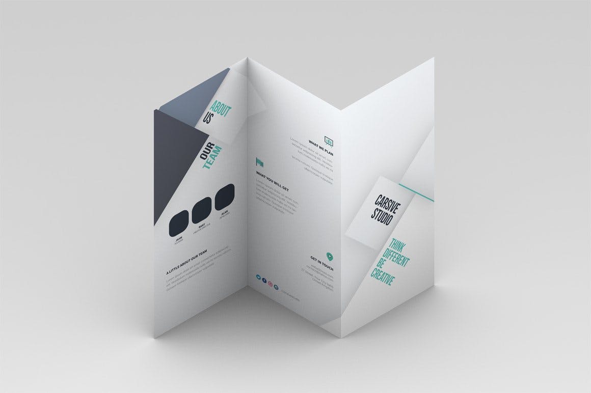 三折页传单设计多角度效果图样机蚂蚁素材精选模板 Trifold Brochure Mock-Up插图(4)