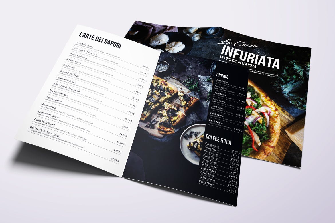 现代极简设计风格折页披萨第一素材精选菜单模板 Minimal Modern Bifold A4 & US Letter Food Menu插图(1)