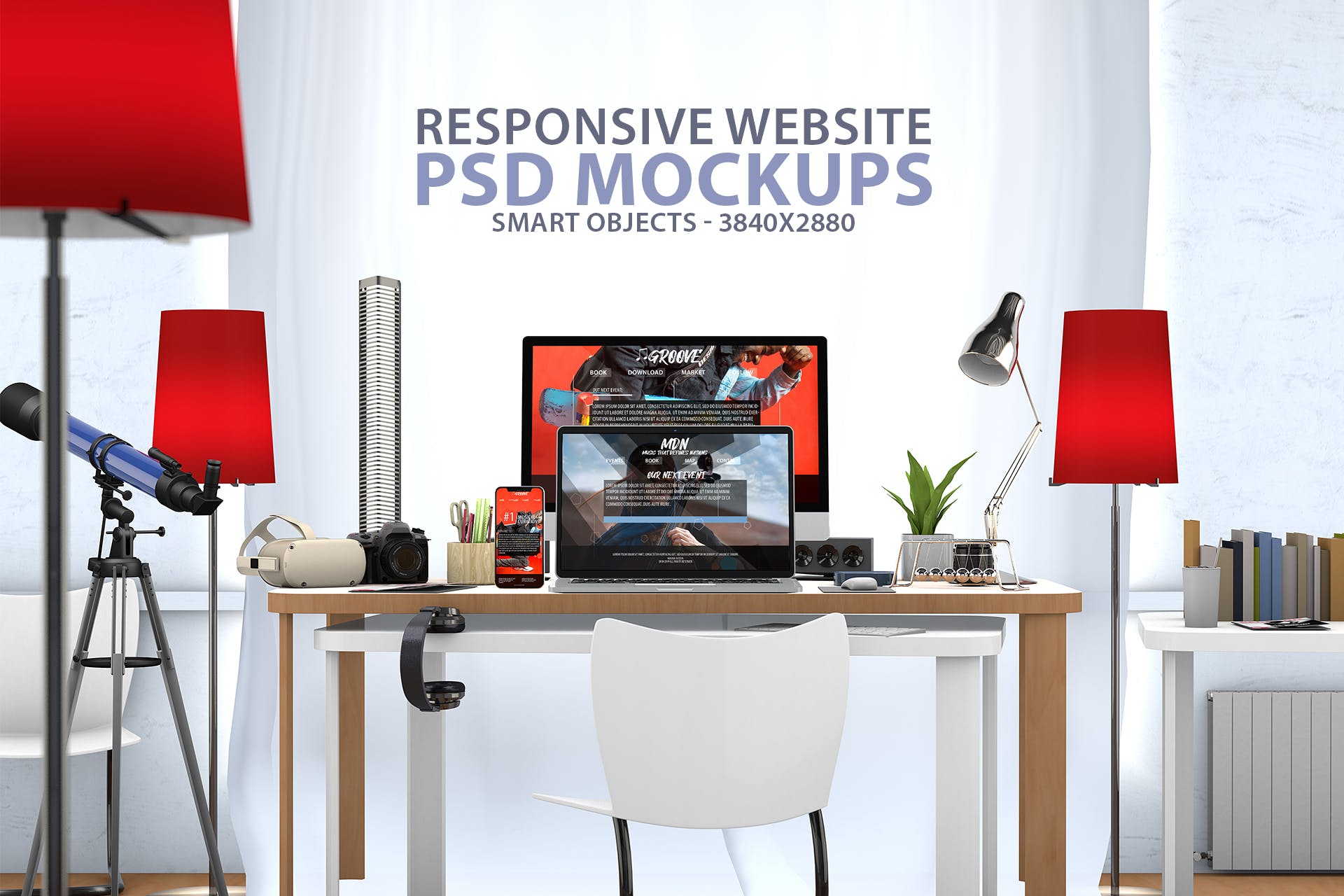 创意办公桌面响应式设计效果图预览第一素材精选样机 Responsive Website PSD Mock-up Desk插图