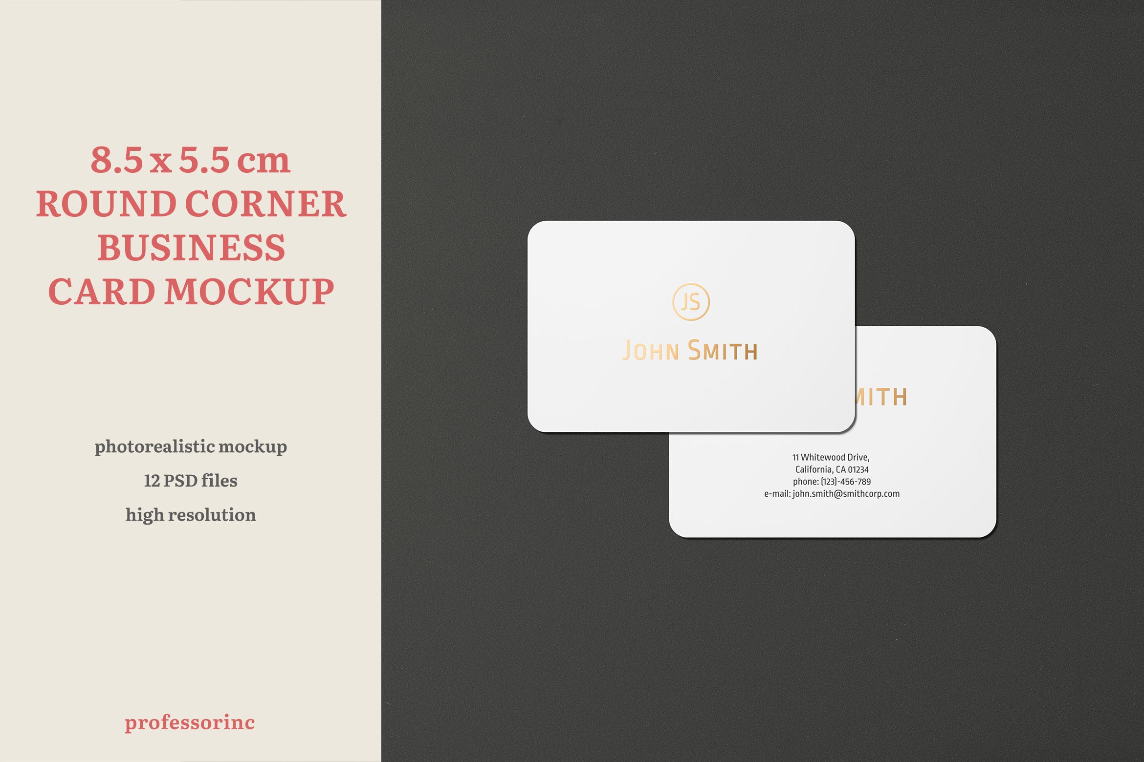 高端圆角企业名片设计图蚂蚁素材精选套件 8.5×5.5 Landscape Business Card Mockup插图