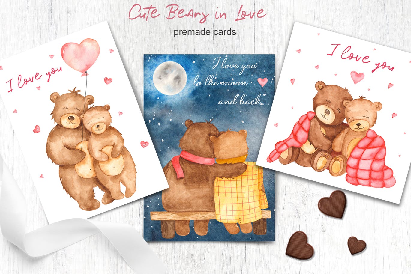 水彩可爱熊手绘图案剪贴画＆卡片素材 Watercolor cute bears in love. Clipart and cards插图3