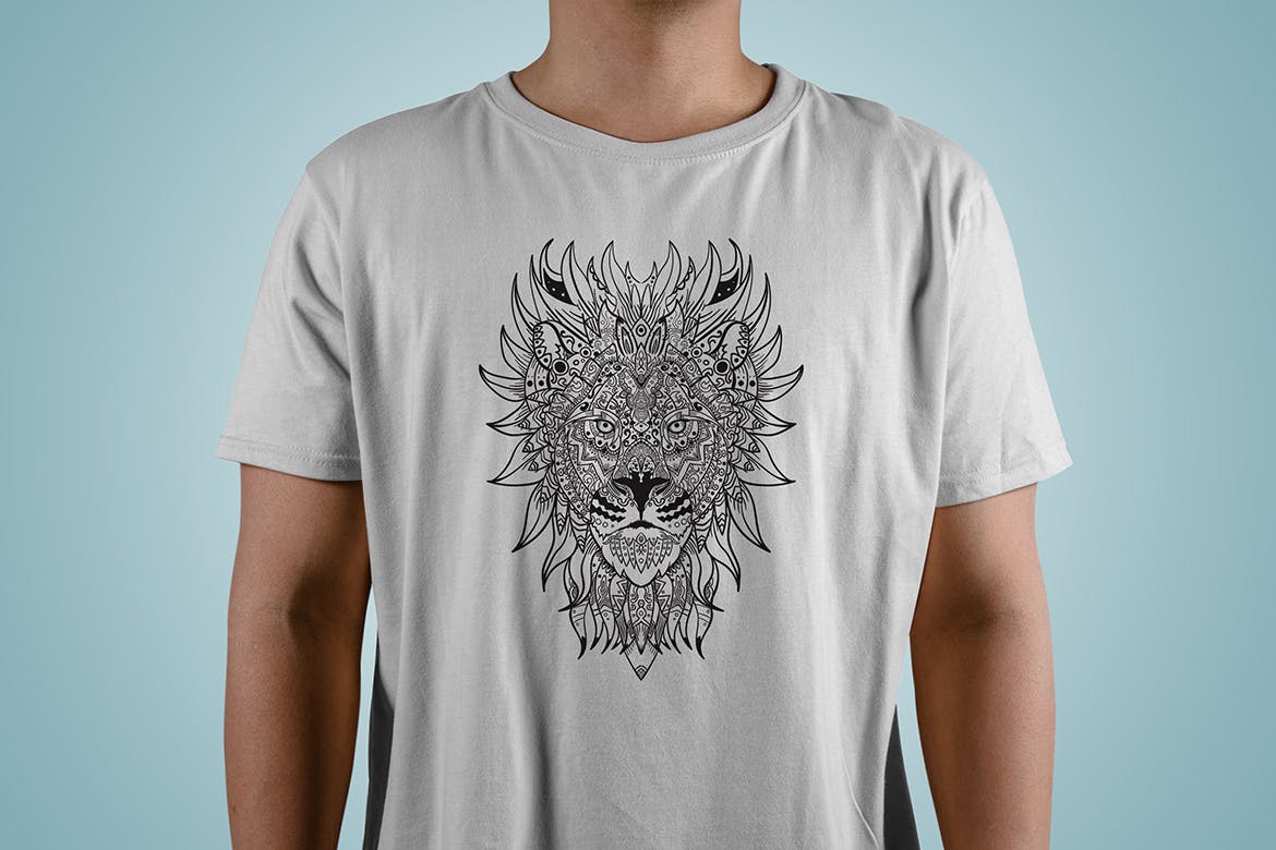 狮子-曼陀罗花手绘T恤印花图案设计矢量插画第一素材精选素材 Lion Mandala T-shirt Design Vector Illustration插图(1)