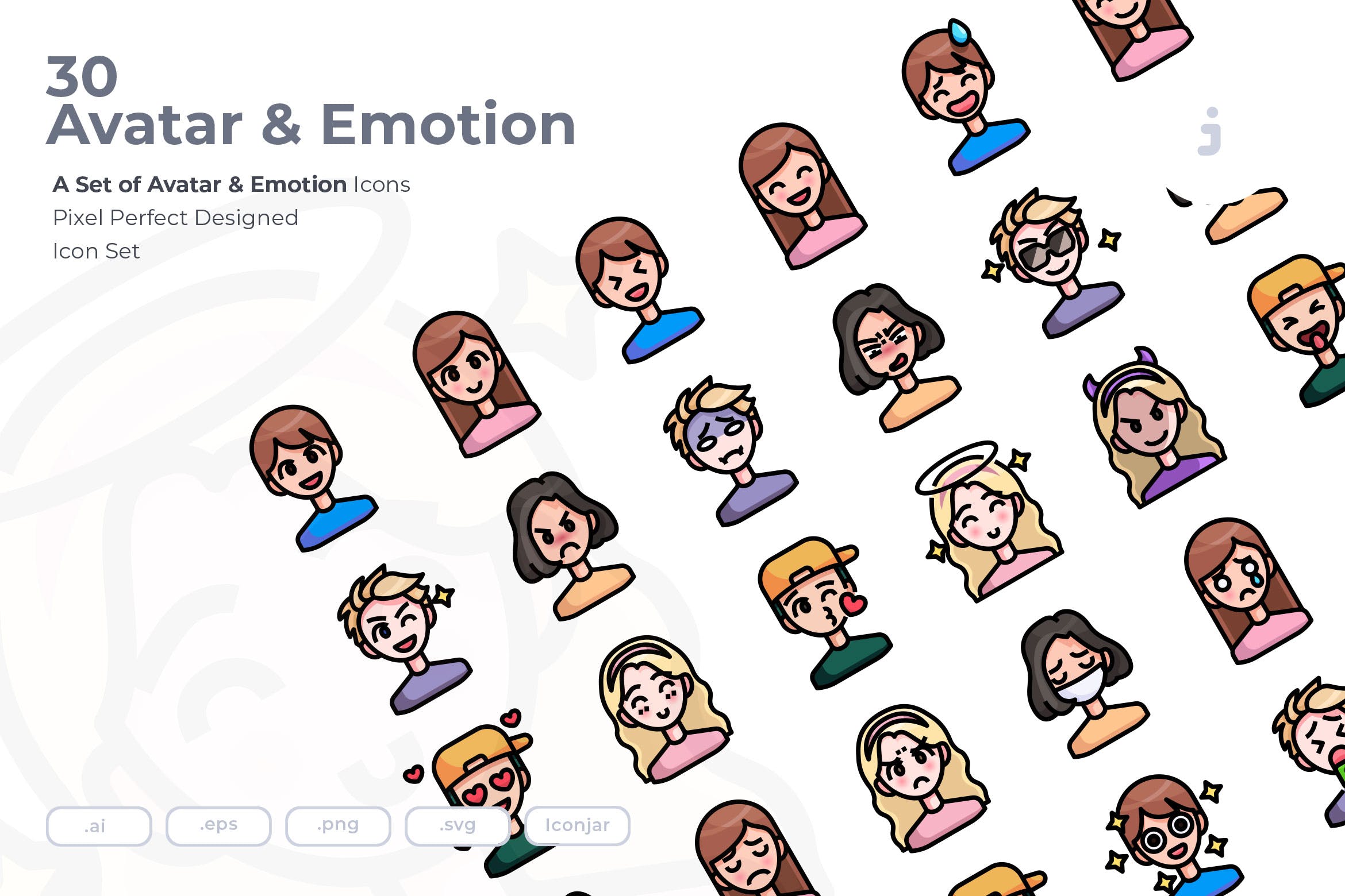 30枚彩色人物头像&表情矢量第一素材精选图标 30 Avatar and Emotion Icons插图