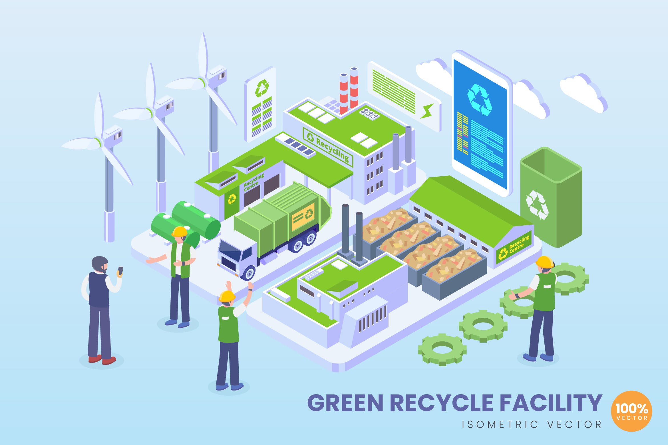 绿色循环环保工厂场景等距矢量科技大洋岛精选概念插画v1 Isometric Green Recycle Facility Vector Concept插图