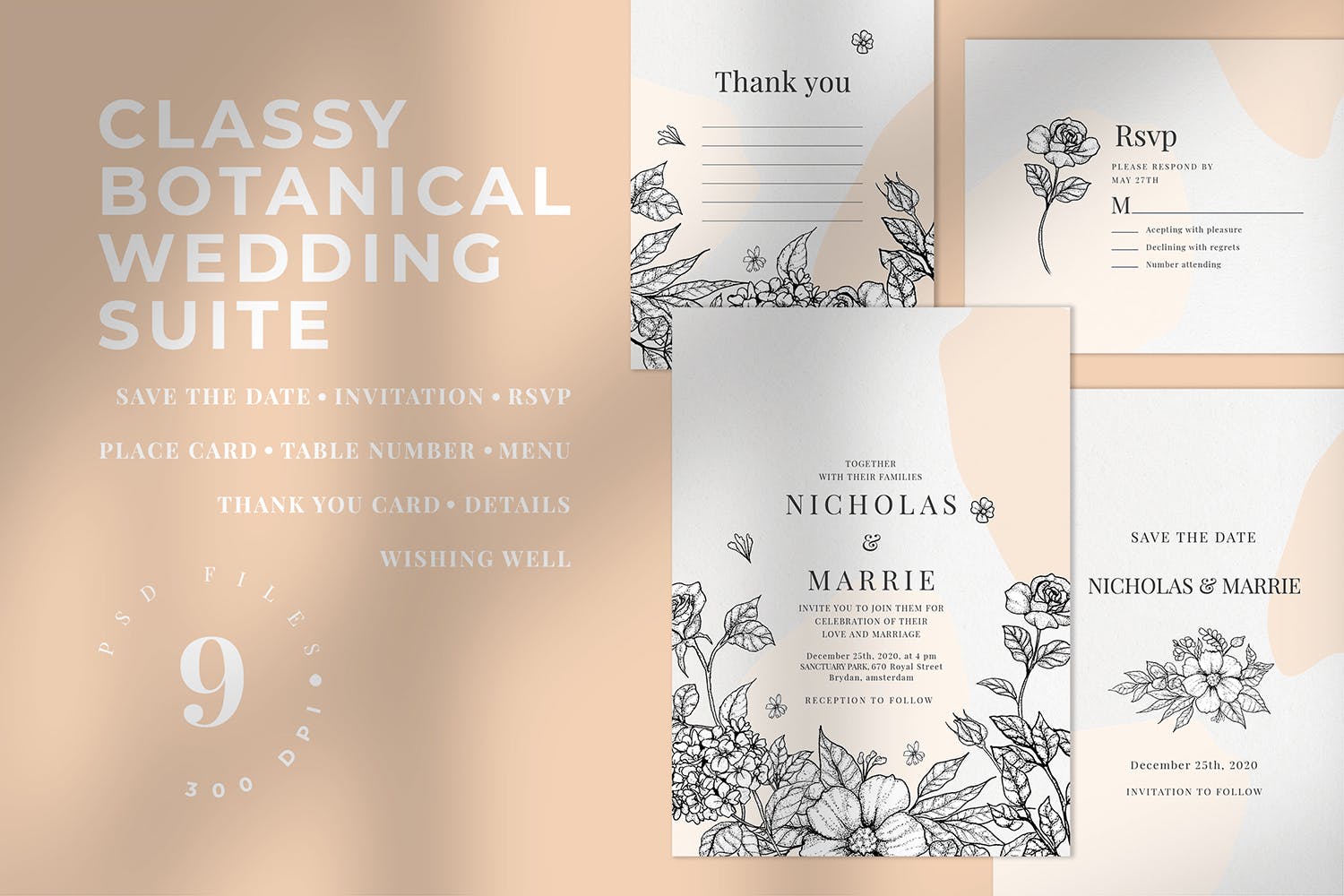 优雅素色花卉手绘图案婚礼邀请设计套件 Classy Botanical Wedding Suite插图(1)