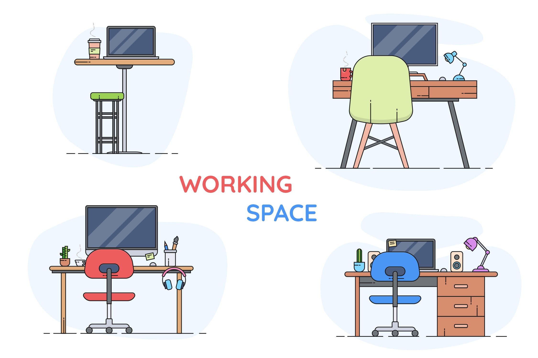 办公场所/办公桌矢量插画素材 Working Place插图