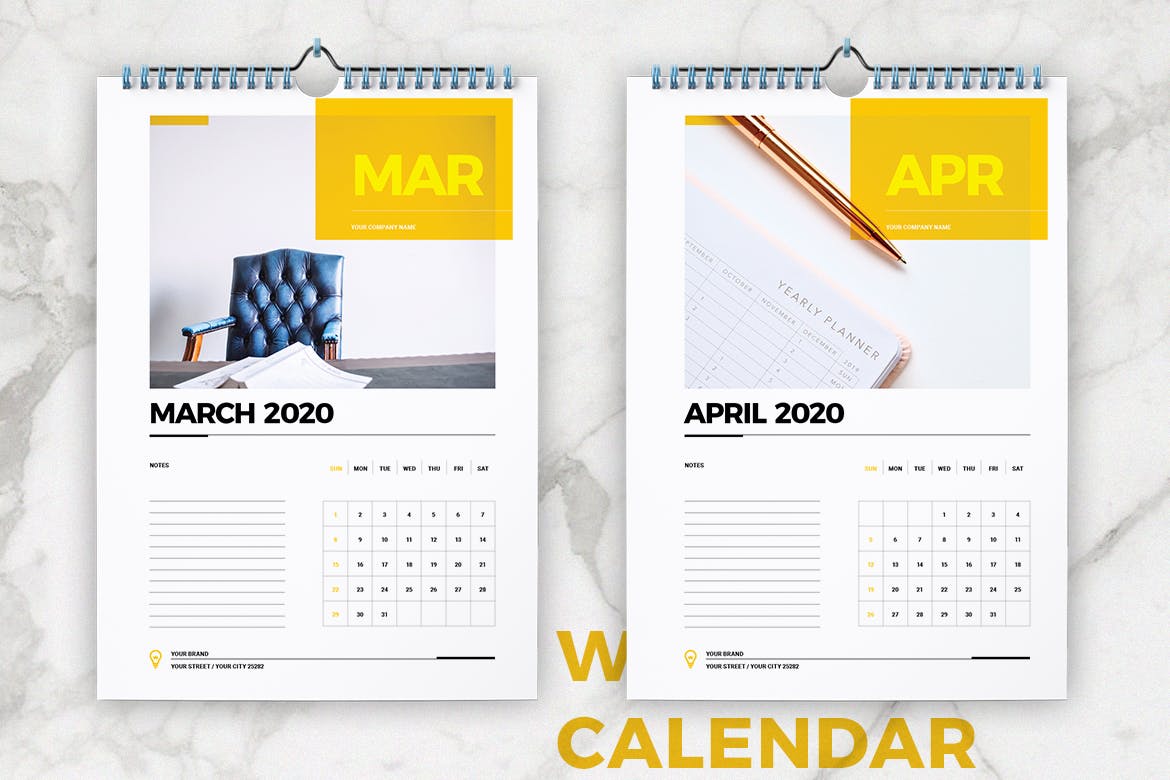 2020年挂墙活页翻页日历表设计模板 Wall Calendar 2020 Layout插图3