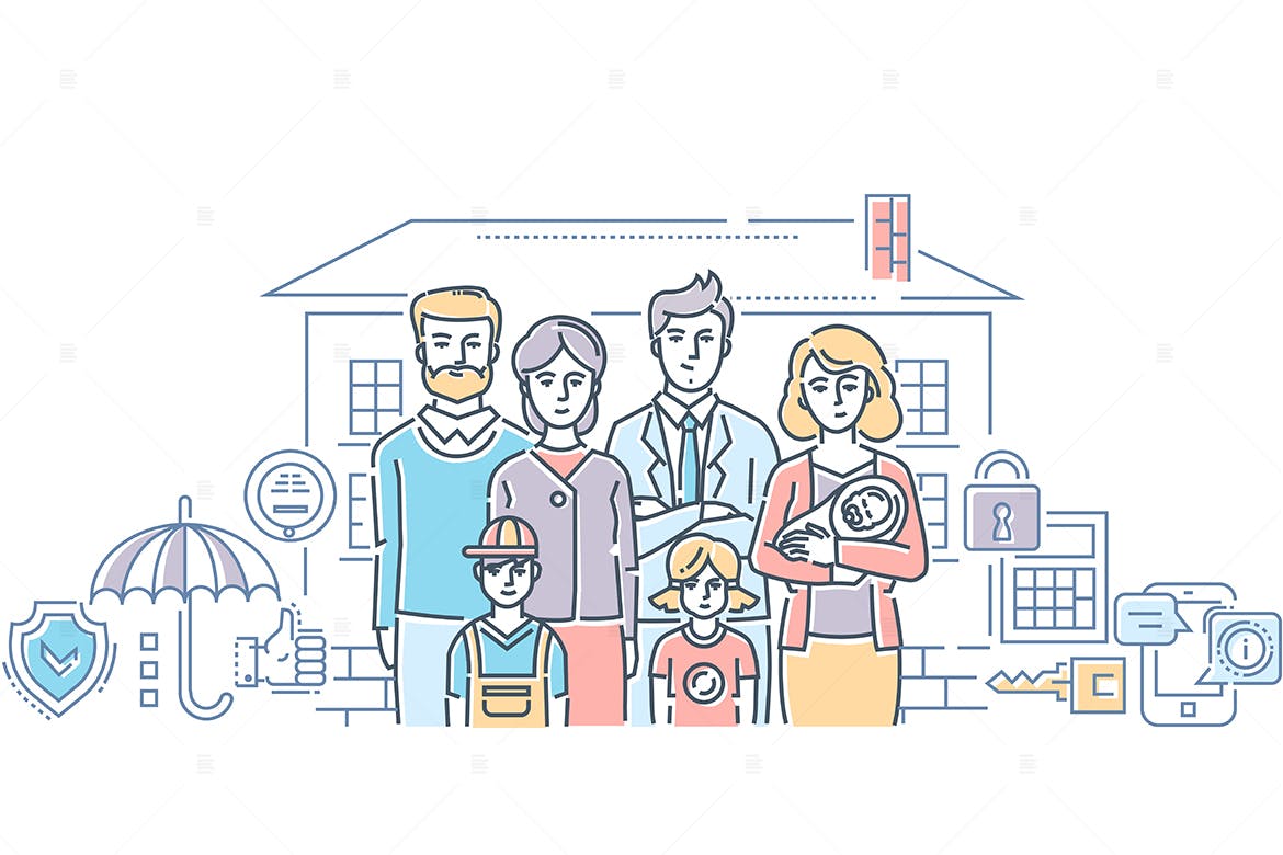 线条设计风格家庭保护主题矢量插画第一素材精选 Family protection – line design style illustration插图