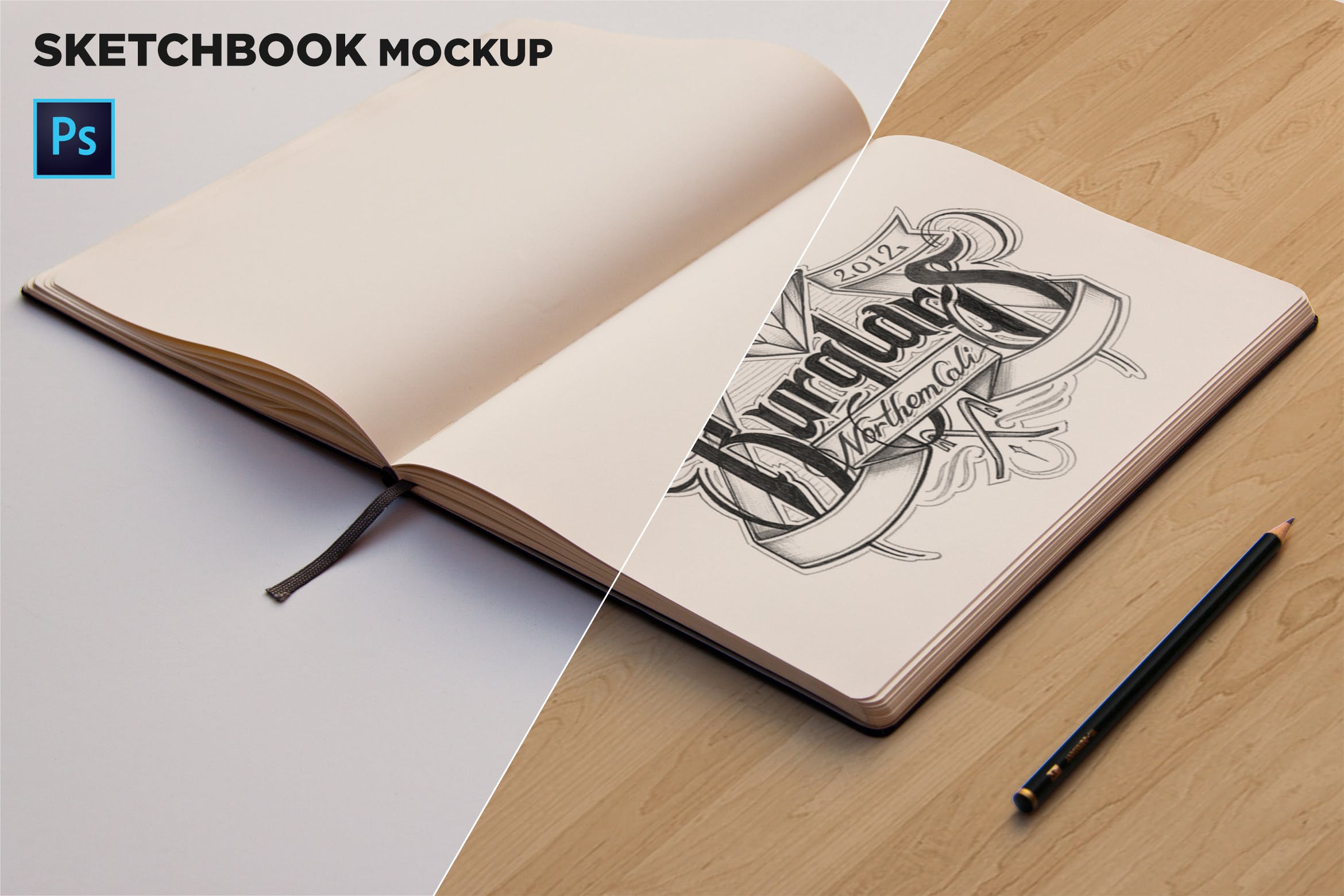 素描本内页设计/艺术作品展示透视图样机第一素材精选 Sketchbook Mockup Perspective View插图