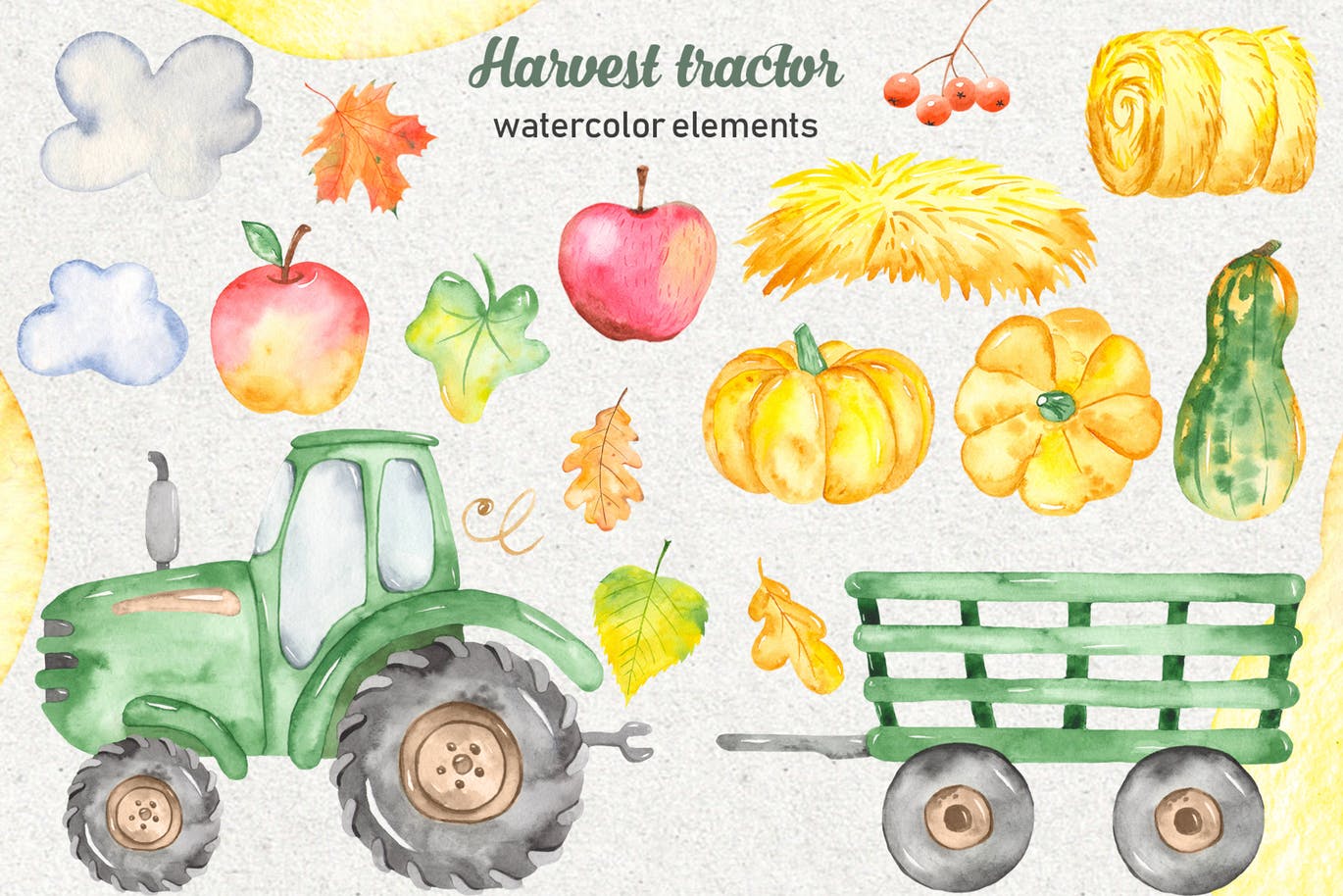 拖拉机农场收获季节主题水彩手绘剪贴画/卡片/无缝图案背景素材 Watercolor harvest tractor Clipart, cards, pattern插图(1)
