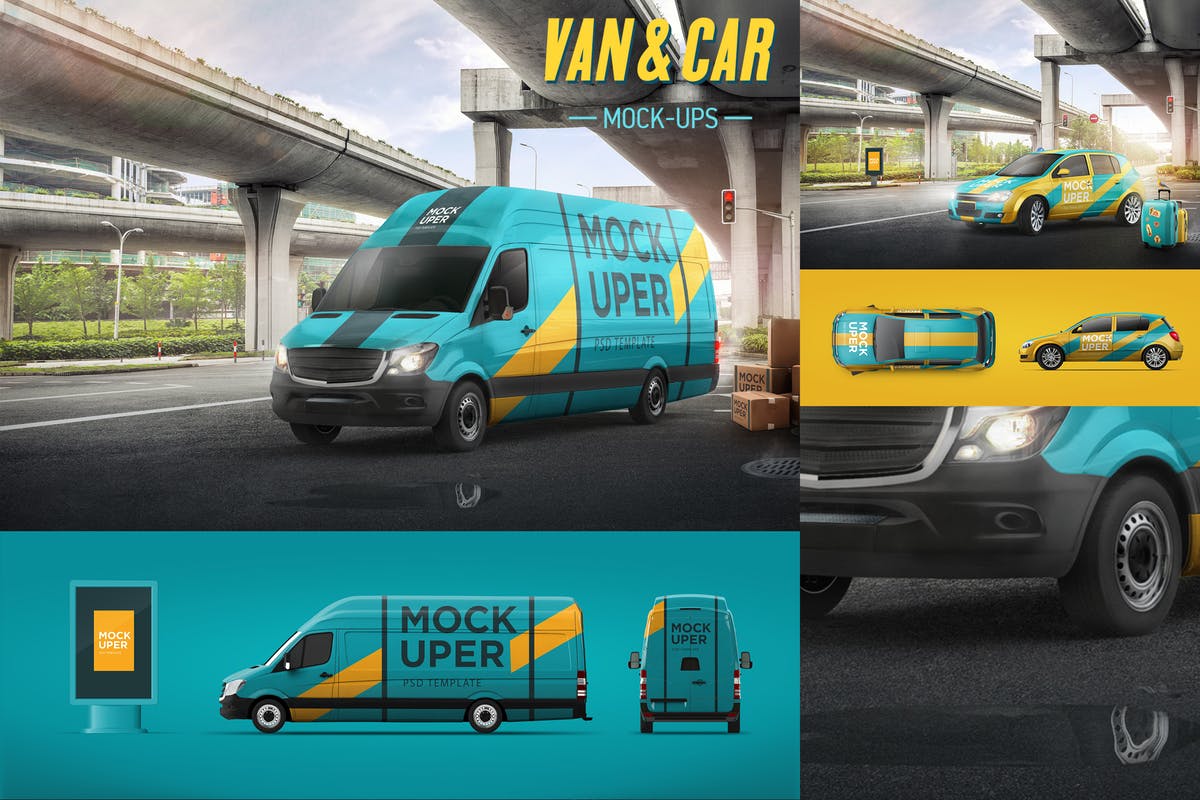 小货车＆汽车车身广告设计效果图样机第一素材精选模板 Van & Car Mock-Ups (2 PSD)插图
