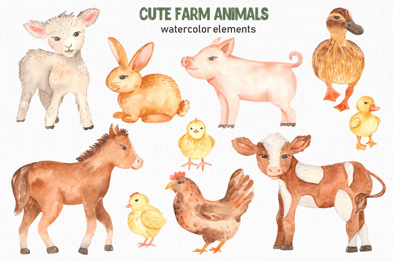可爱农场动物水彩剪贴画素材包 Watercolor cute farm animals. Collection clipart插图