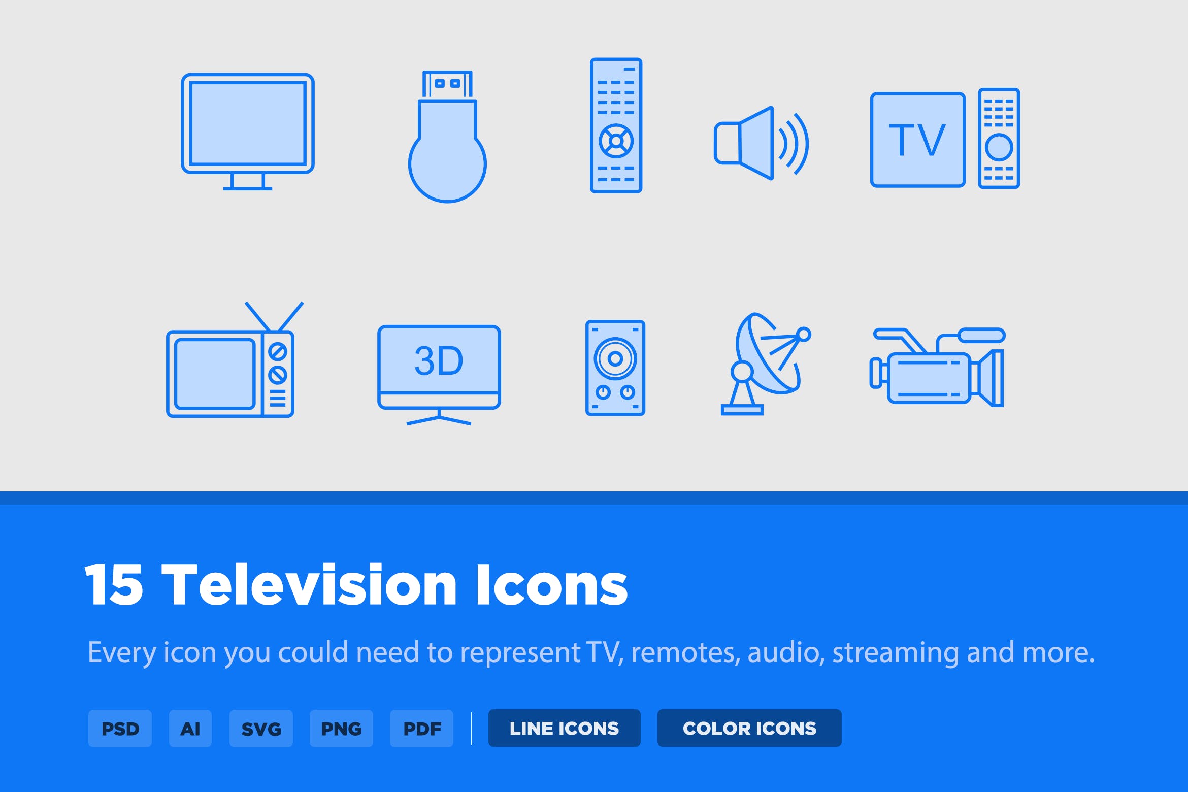 15枚TV&电视设备矢量线性第一素材精选图标 15 TV & Television Icons插图